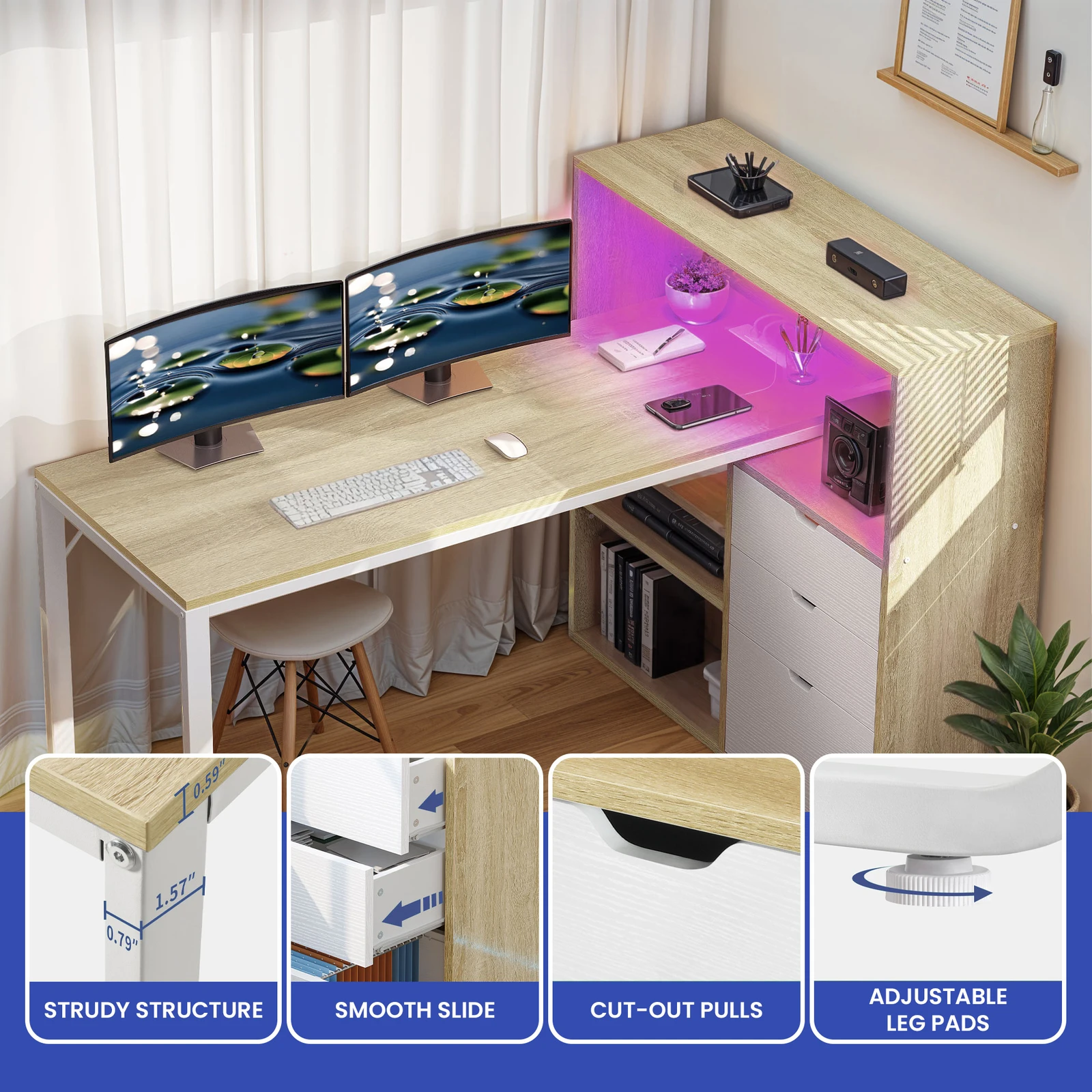 

55" L Shaped Office Computer Desk Shelves Drawers LED Light w/ Power Outlets