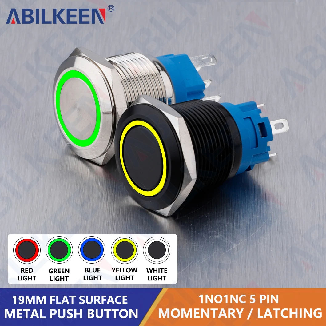 

ABILKEEN 19mm Black Shell Push Button Switch with LED Ring Illuminate Momentary/Latching Function 1NO1NC Push Button