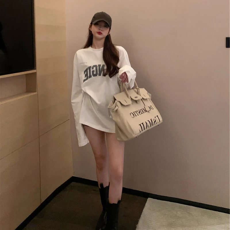 Spring  Women's Loose Cotton T-Shirt Long Sleeve Mid-Length Korean Style Commute round Neck Element Pure Cotton Top
