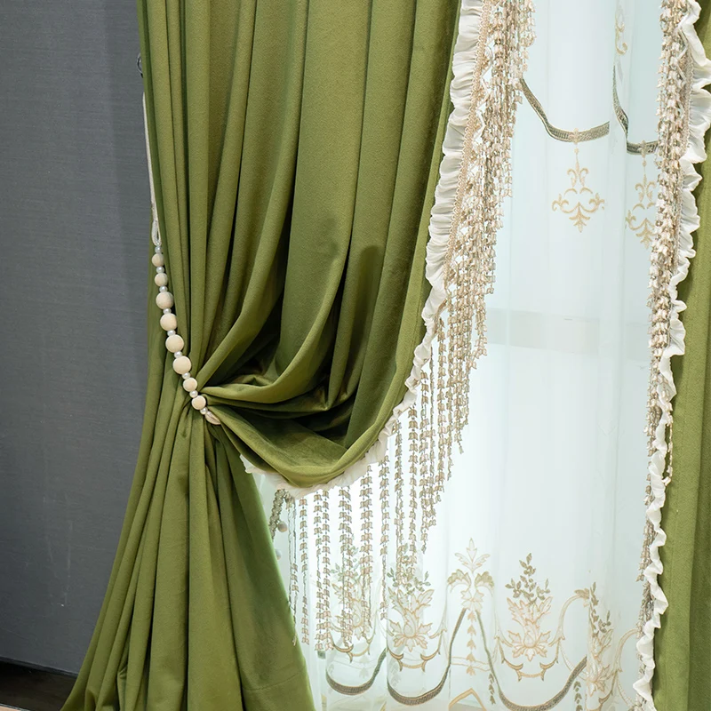 Custom Luxury French velvet living room bedroom embroidery retro olive green blackout curtain tulle drape C2188