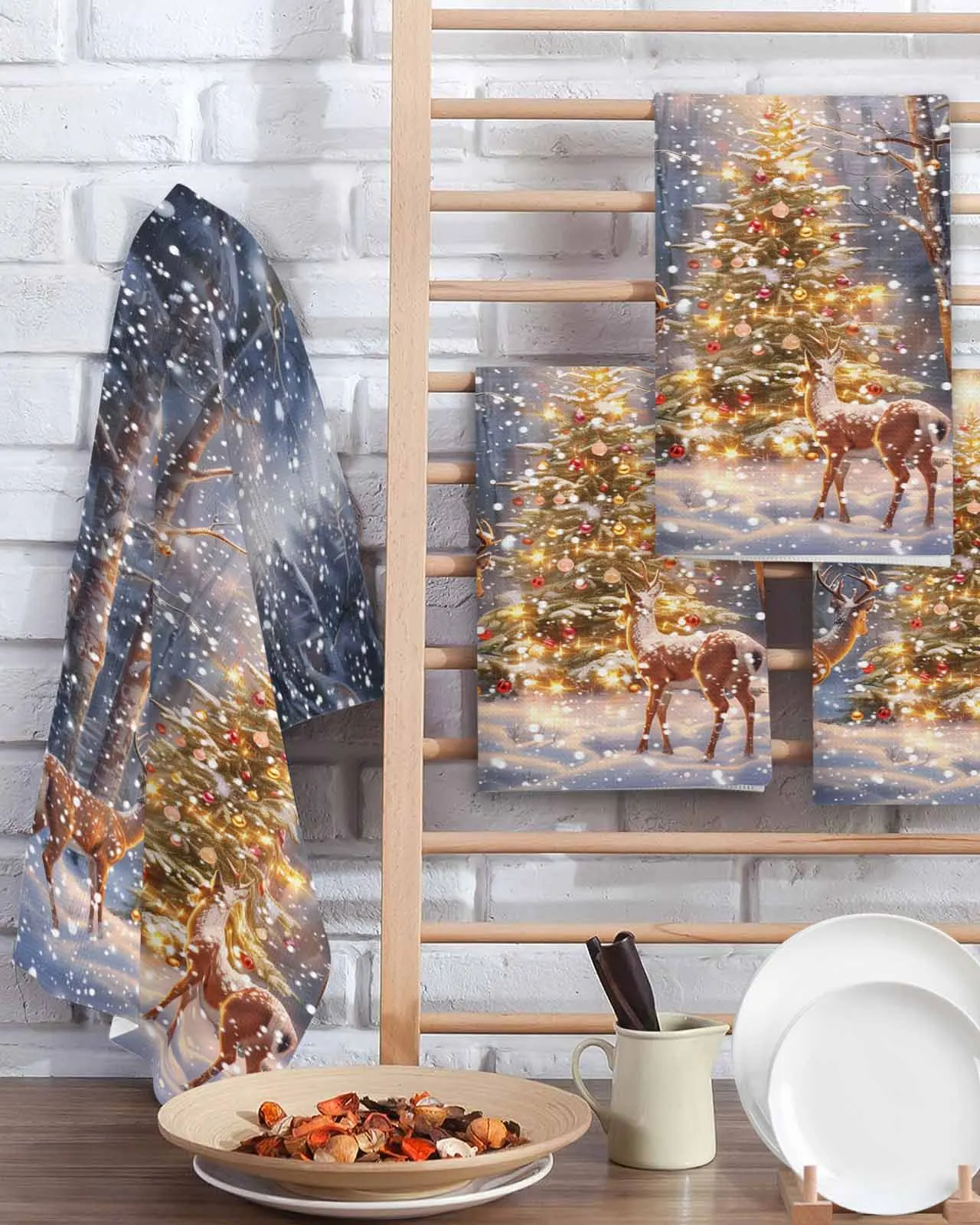 

Christmas Winter Snow Scenery Snowflakes Trees Deer 30*30cm Waffle Microfiber Kitchen Towel Cleaning Cloth Scouring Wiping Rag