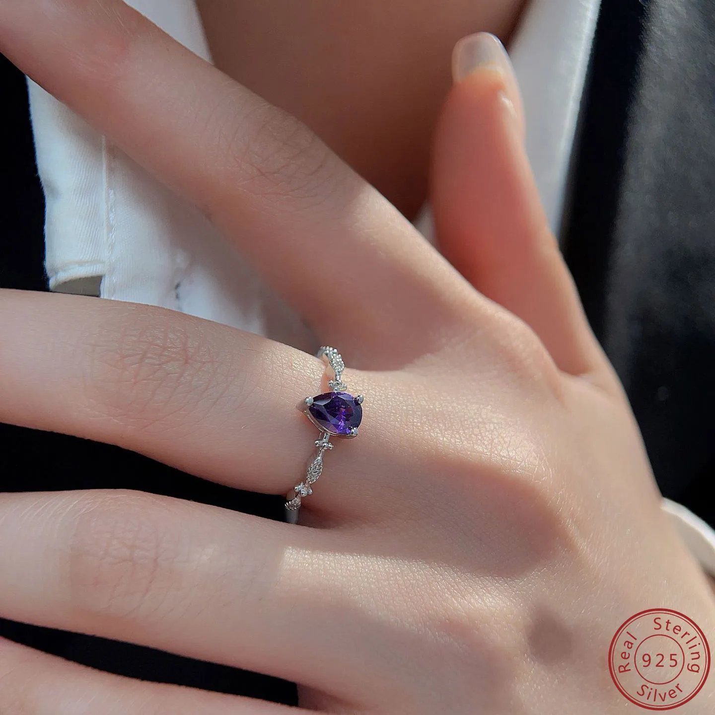 2023 New 100% S925 Sterling Silver Purple Water droplet Ring Personalized Engagement Ring Simple Design Women\'s Ring