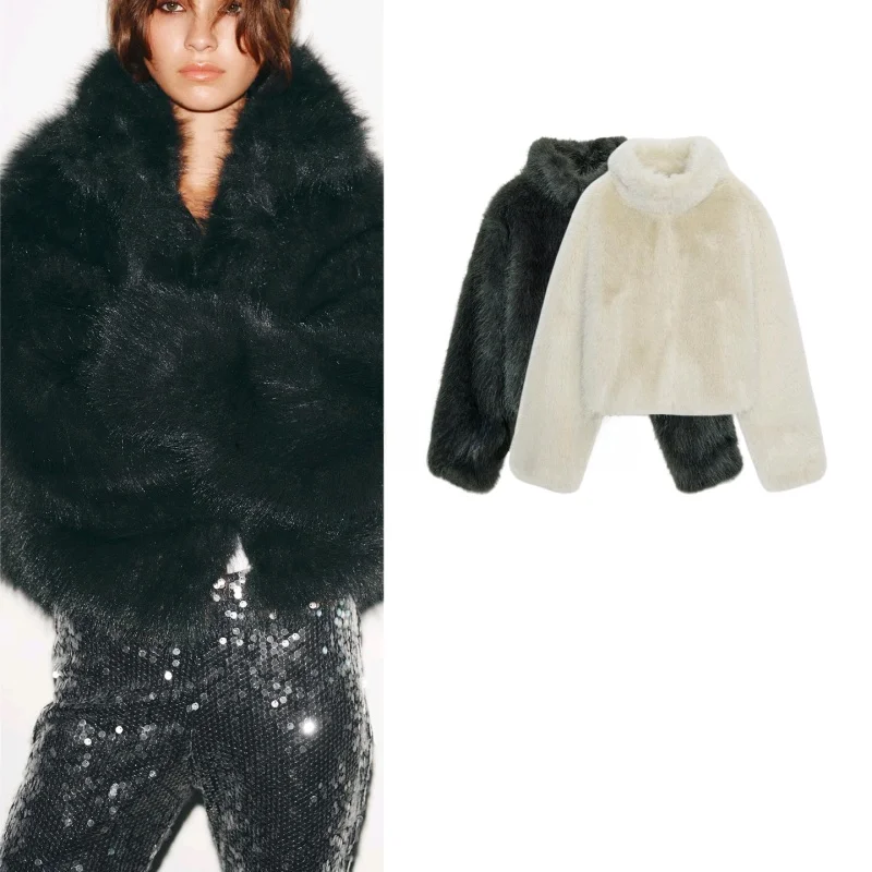 

Осенняя новинка: женское пальто с длинными рукавами, воротником-стойкой и эффектом искусственного меха, повседневное, укороченное, без капюшона.