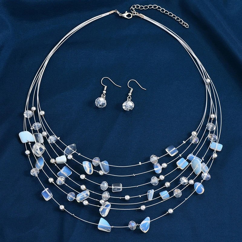 Ensemble de collier et boucles d'oreilles de style ethnique bohème pour femmes et filles, mode multicouche, collier perlé, accessoires de bijoux, cadeaux, 1 ensemble