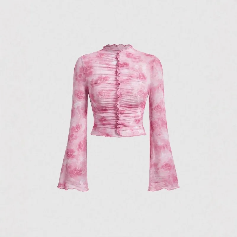 

Thin Pink Blouse Floral Printed Slim Women'S Long Flare Sleeve Sexy Swing Collar Tie Dye Chic Ruffles Elegant Spicy T Shirt Tops