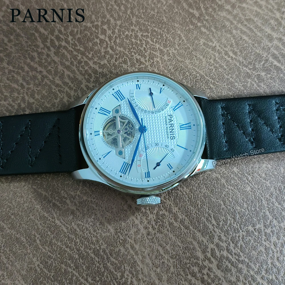 Parnis 43mm Automatic Power Reserve Men Boy Watch Flywheel Roman Numerals Dial Black Genuine Strap