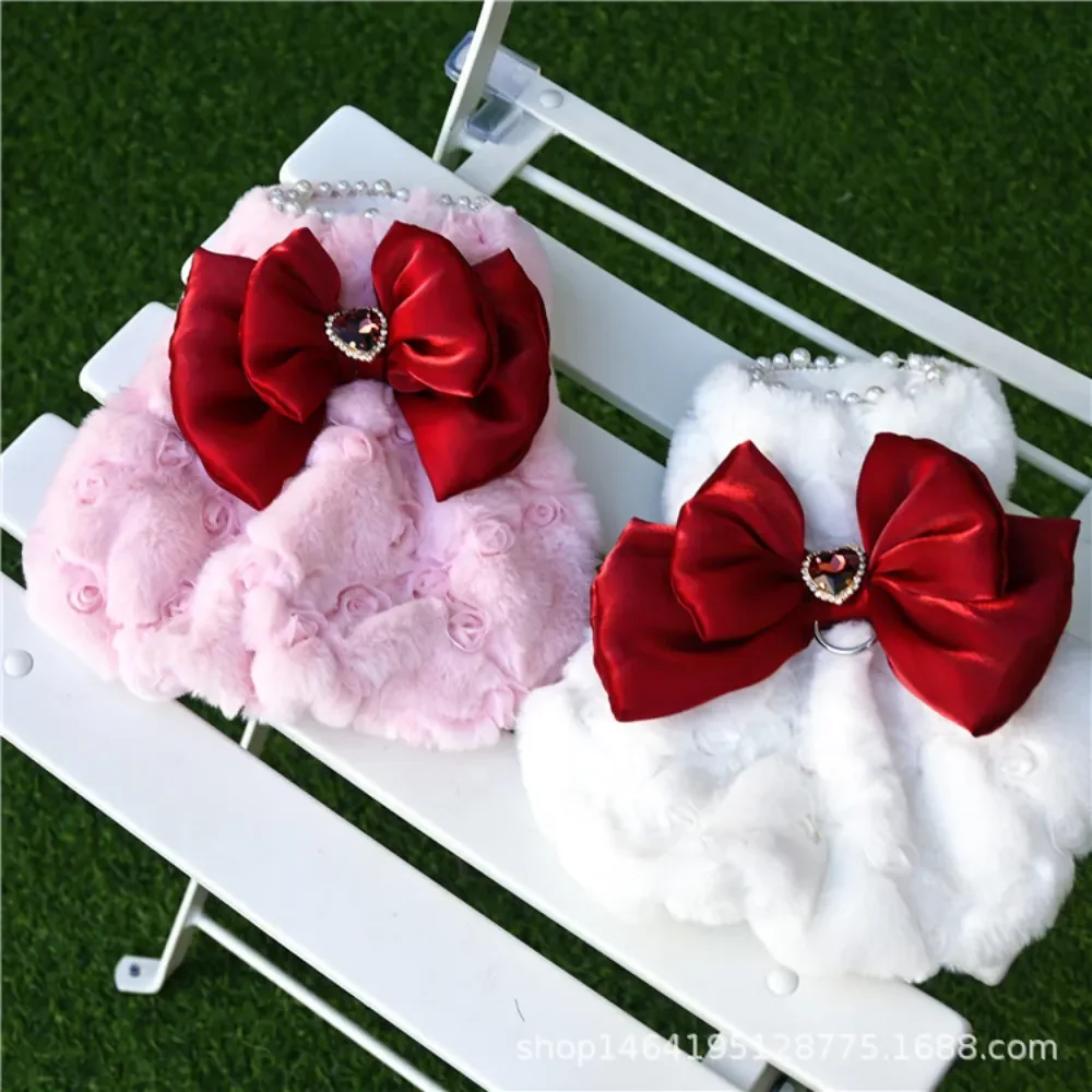Pet Rabbit Fur Dress Clothes Cute Bow Dog Clothing Autumn Winter Rabbit Fur Material Teddy Bear Warm Coat Dog Dresses Clothes view 4