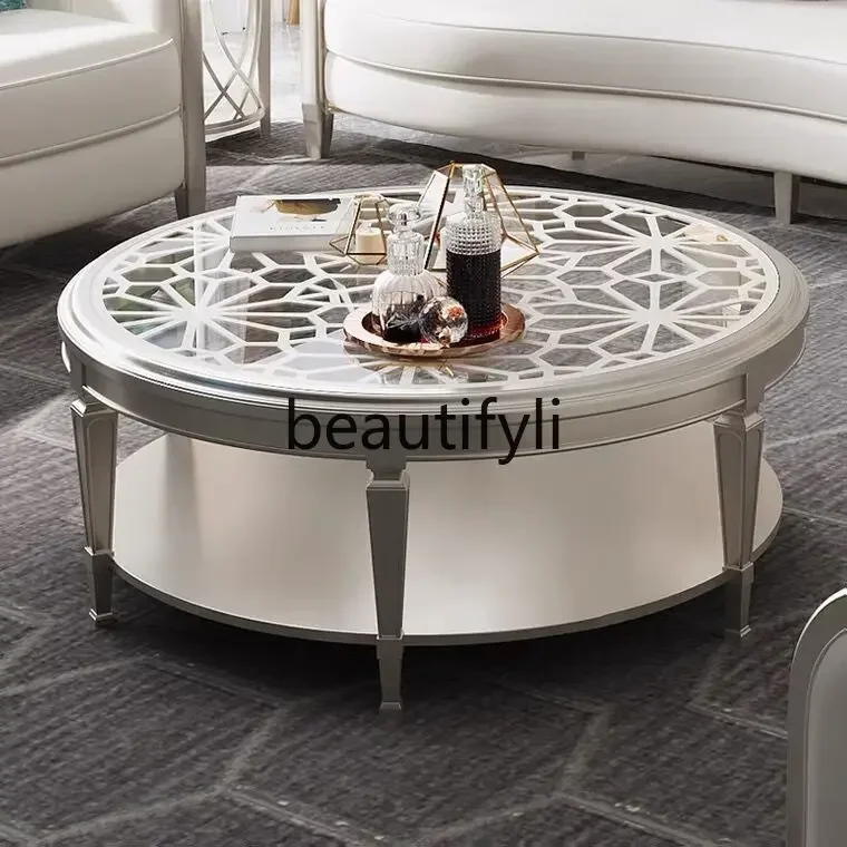 M178 American light luxury champagne gold solid wood coffee table simple modern hollow glass surface round living room