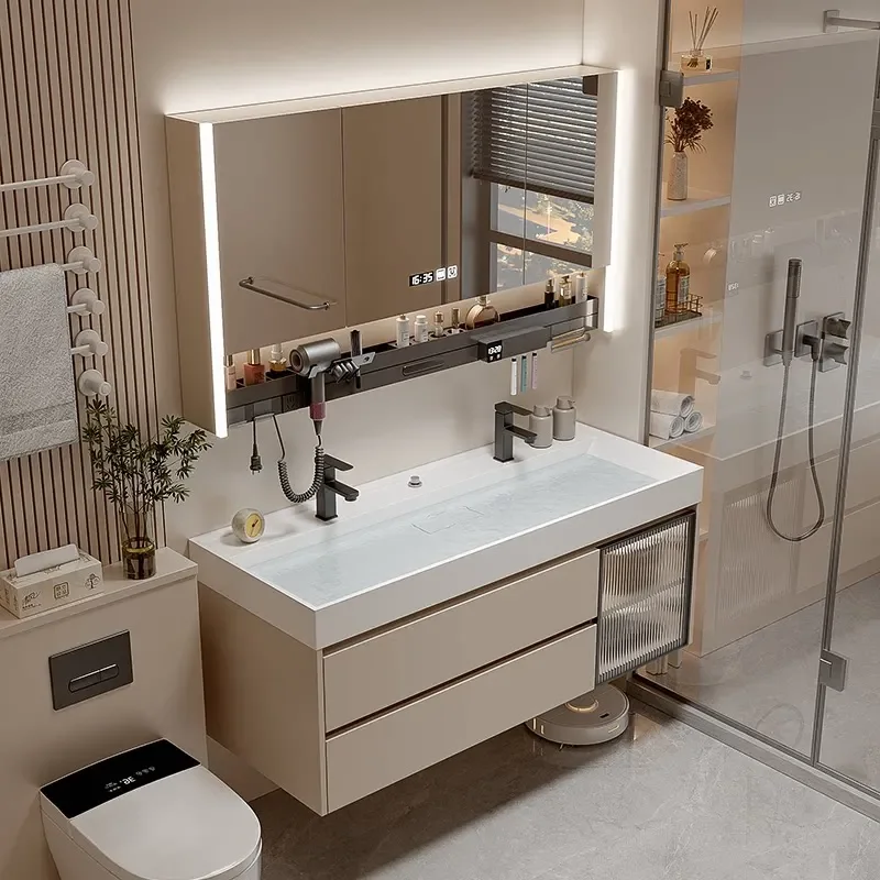 Modern nano rock integrated basin light luxury bathroom cabinet combination double faucet washstand