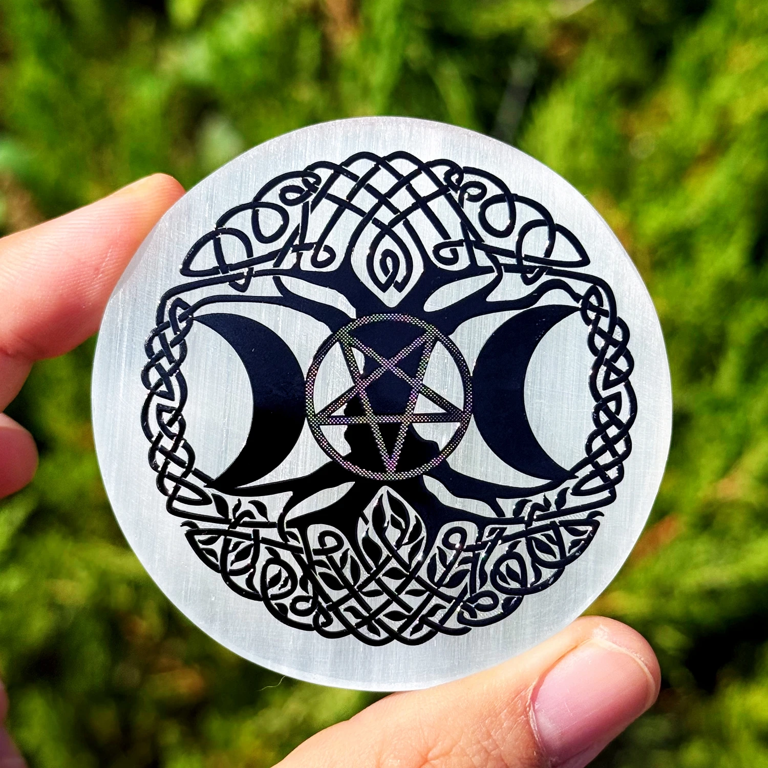 Natural Tree of Life Triple Moon Pentagram Engraved Round Selenite Charging Plate Satin Spar Crystal Disc Home Decor
