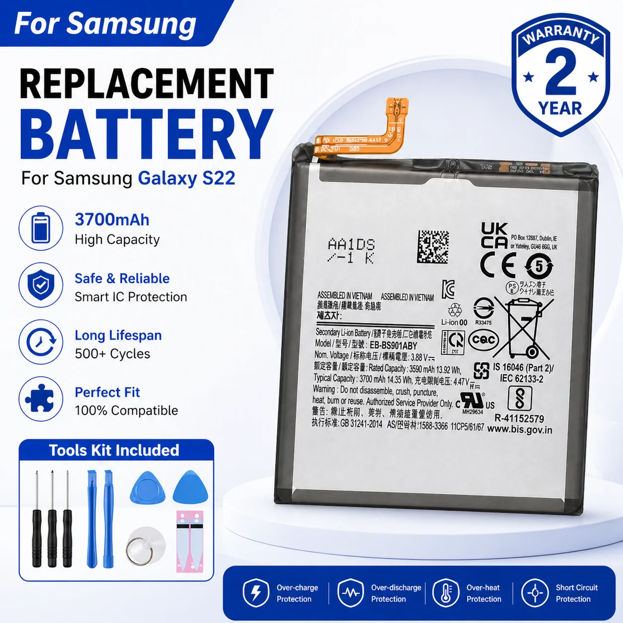 

3700mAh High Capacity Li-Polymer Battery EB-BS901ABY for Samsung S22 5G Rechargeable