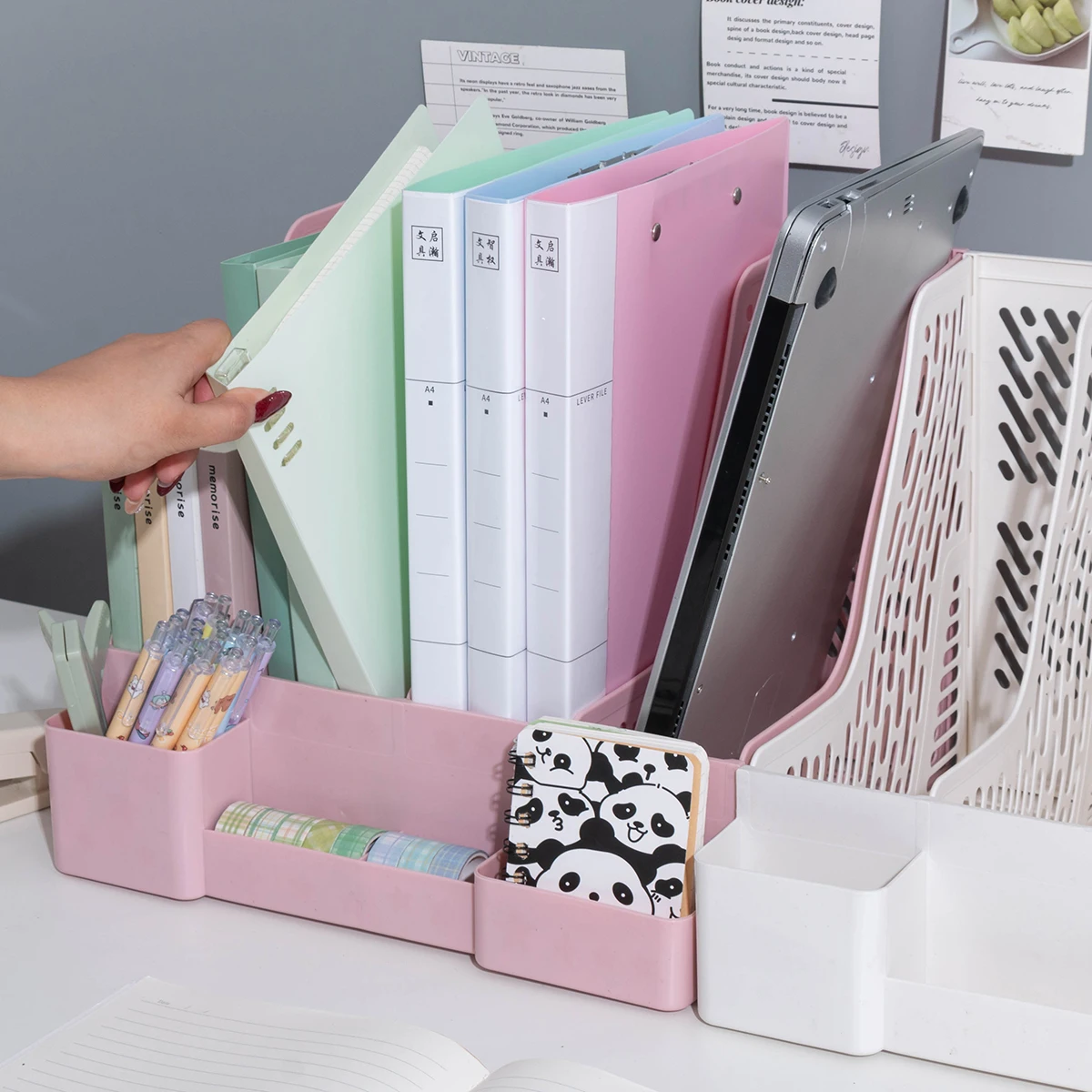 Four-Part File Frame with Pen Holder Desktop Storage Folder Office Supplies Student Desk Book Stand Bookshelf Book Support Stora