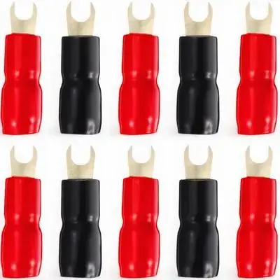 

10Pairs Copper Crimp Terminal Spade Fork Connectors Gold Plated Heat Tested for Speaker Wire Red Black Boots 4ga Terminal