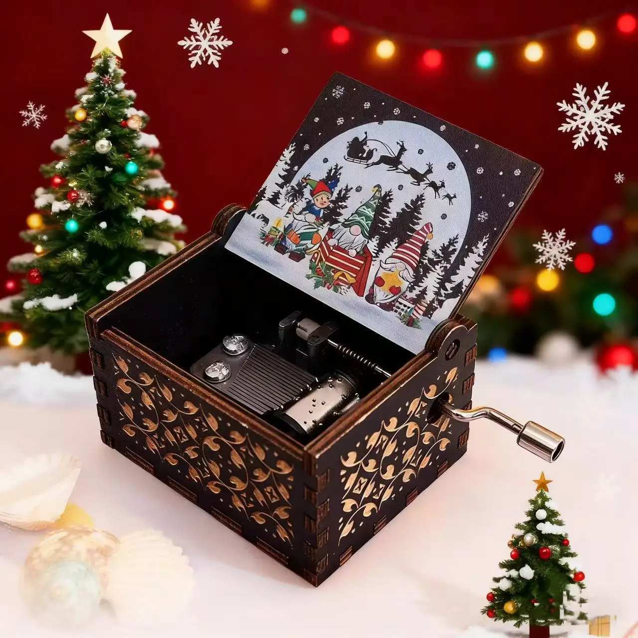 Merry Christmas Wooden Hand Crank Music Box Colorful Painting Musical Box Christmas New Year Present Girlfriend Home Decoration