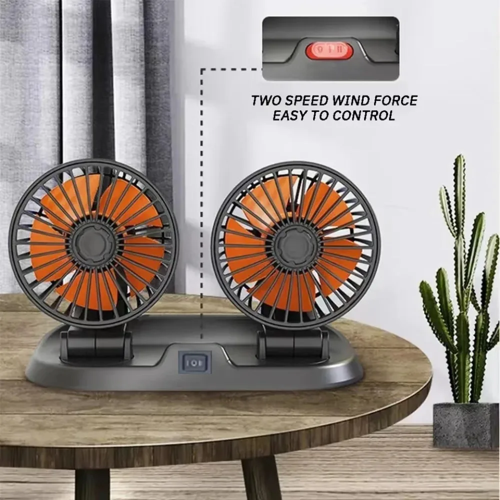 Ventilador de Carro 5V 12V 24V, Ventilador de Carro com Duas Cabeças, Ventilador USB com 2 Velocidades Ajustáveis, Acessórios para Carro com Regulagem de Vento