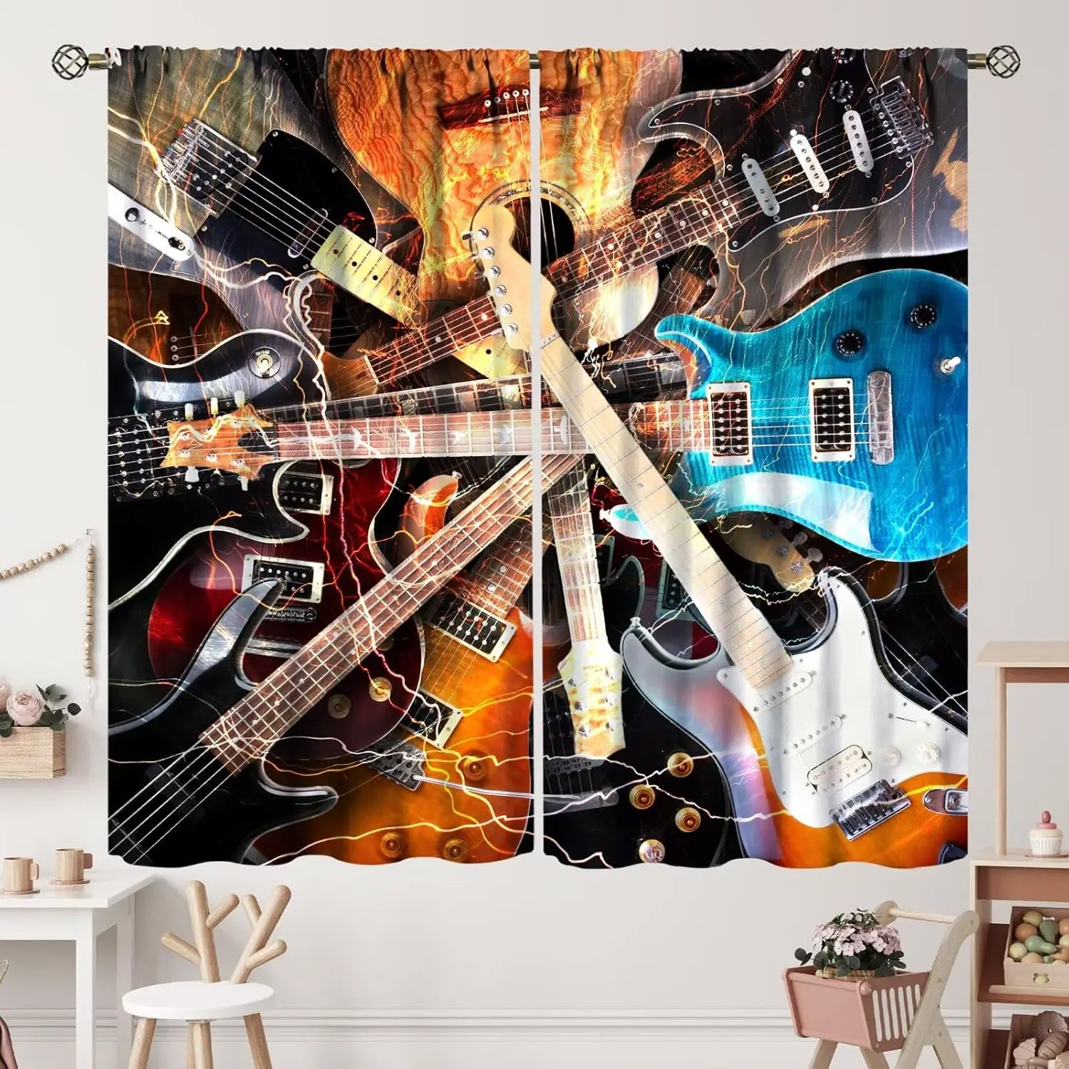 Lightning Guitar Music Curtains Instruments Kinds of Guitar Musical Theme Curtain with Rod Pocket for Bedroom Living  2 Panels