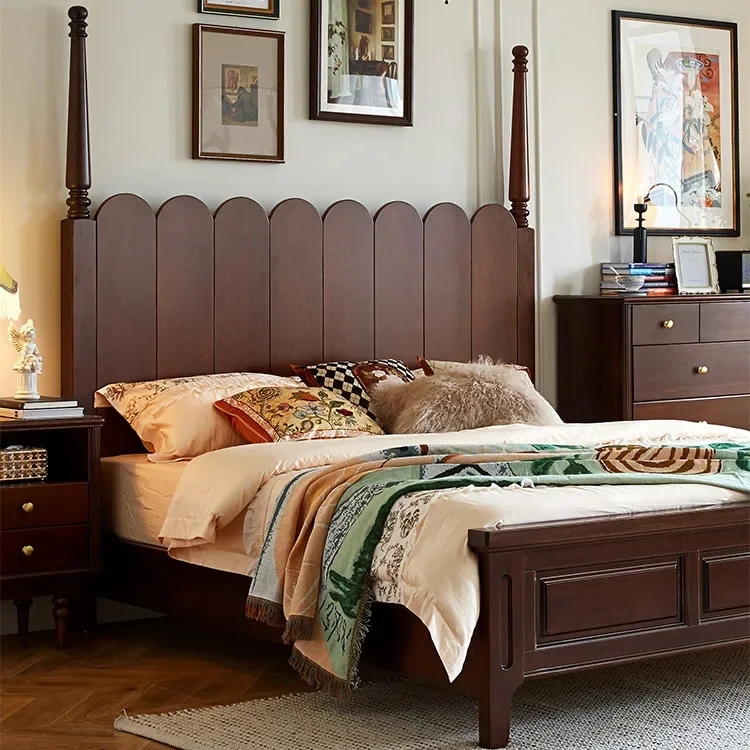 American modern American solid wood French carved bed master bedroom double light retro simple wedding bed