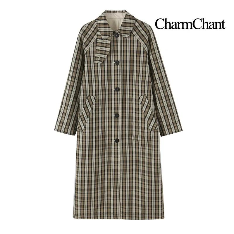 CHARMCHANT Women's Reversible Trench Coat Plaid Long Double-sided Outerwear Lapel Stand Collar Raglan Sleeve Autumn Winter 2026