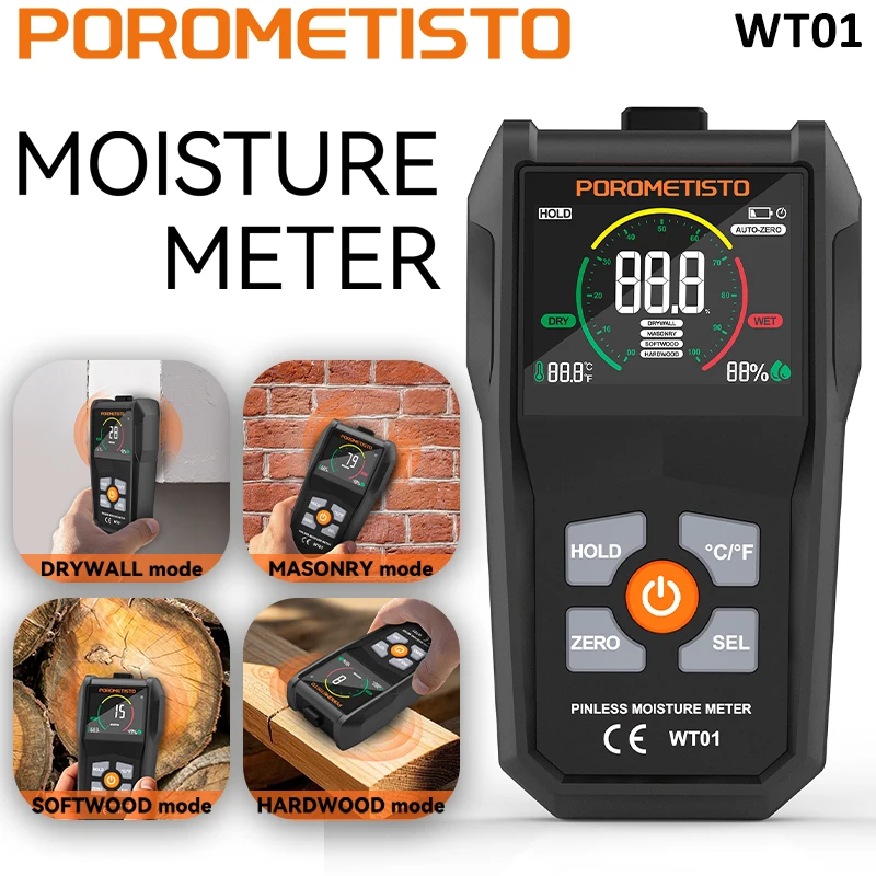 POROMETISTO-WT01 Digital Wood Moisture Meter Hygrometer Non-contact Timber Damp Detector Alarm Non-destructive Humidity Tester