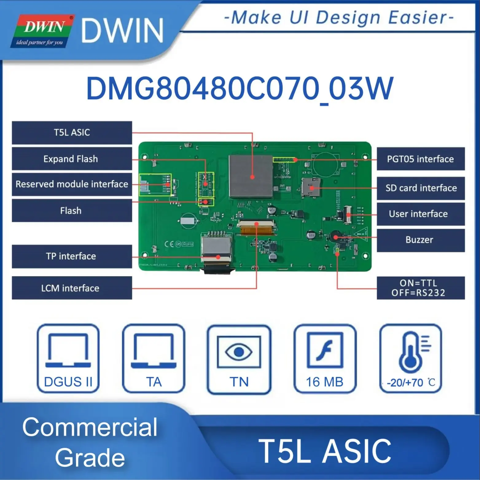 Dwin 7.0-Inch Uart Tft Touch Module Hmi Display 800*480 Commerciële Grade 262K Kleuren Rgb Interface TV-TN-TFT-LCD Smart Screen