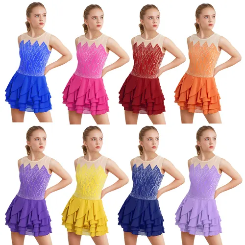 Imagen 2 del producto Traje de baile de patinaje artístico para niñas, cuello redondo, sin mangas, diamantes de imitación brillantes, vestido lírico de Ballet con volantes escalonados, Ropa de baile