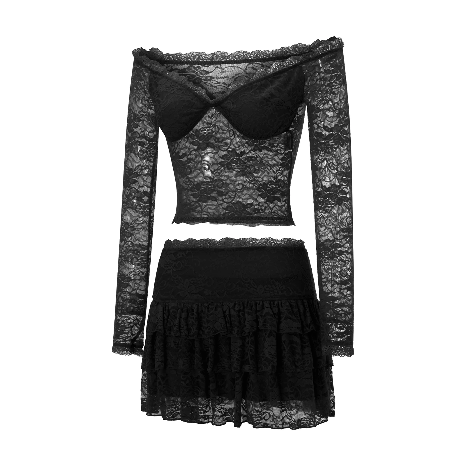 Fairycore Women Lace Skirt Set See Through Off Shoulder Long Sleeve Crop Tops and Mini Skirt Suit 2 Piece Outfits Streetwear