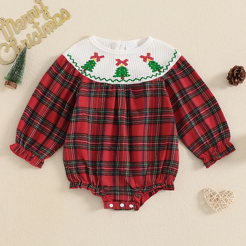 0-18M Baby Girl Christmas Romper Plaid Print Patchwork Ruffled Long Sleeve Tree Bow Crew Neck Bubble Jumpsuit for Fall