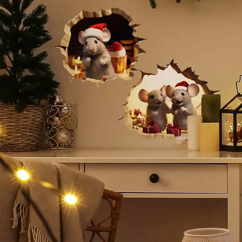 Cartoon Wall Mousehole Christmas Little Mouse Christmas Atmosphere Decoration Wall Stickers Kids Room Art Decals Sticker M1002