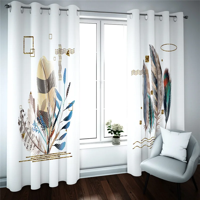 Customized Curtains For Bedroom Eyelet Colourful Feather Prints Print Pattern Light Blocking Thermal Window Drapes For Kids Bed