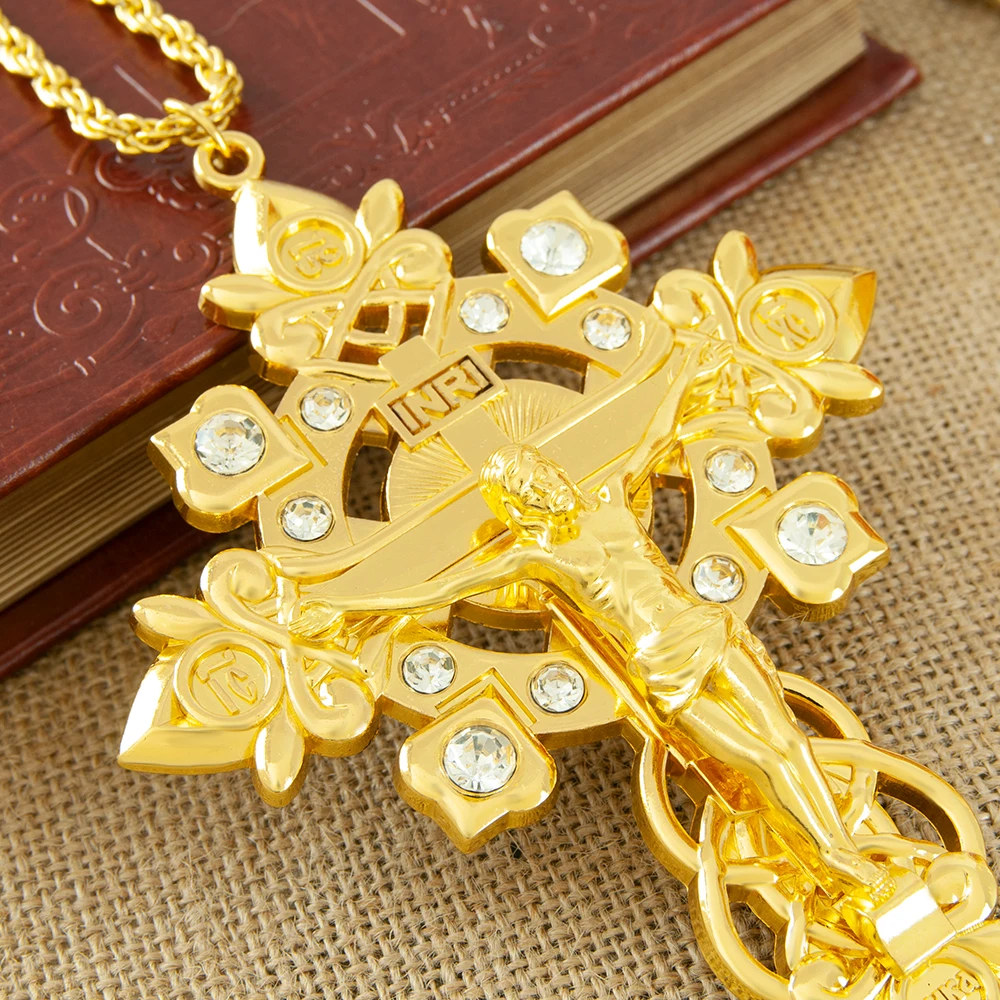 

Orthodox Cross Christian Church Cross Jesus Crucifix Necklace Antique Gold Plated Resin Jesus Orthodox Priest for Prayer BoxGift