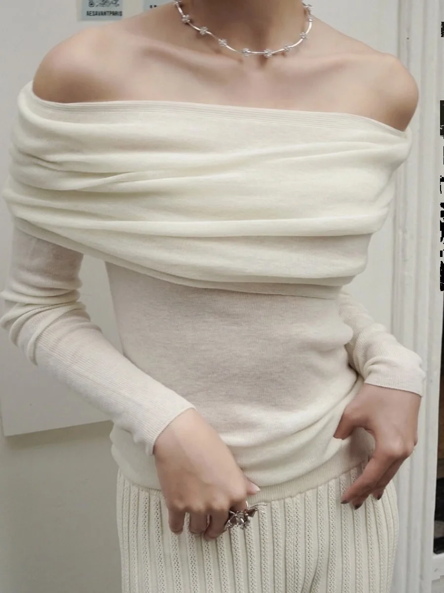 

DKAZ Autumn Winter Knitted Soft Shoulder Bared Long Sleeve Woolen Top Elegant Design Straight Fit Sweater Commute Style Polye...