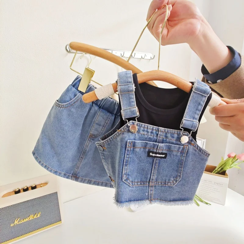 

Summer New Girls' Denim Camisole Top Skirt Undershirt Three-Piece SuitWS