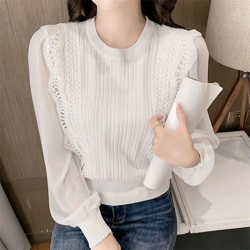 Korean Elegante Spitze Patchwork Langarm Schwarz Weiß Chiffon Shirts Frauen Herbst Chic Gestrickte Pullover Bluse Tops Blusas Mujer