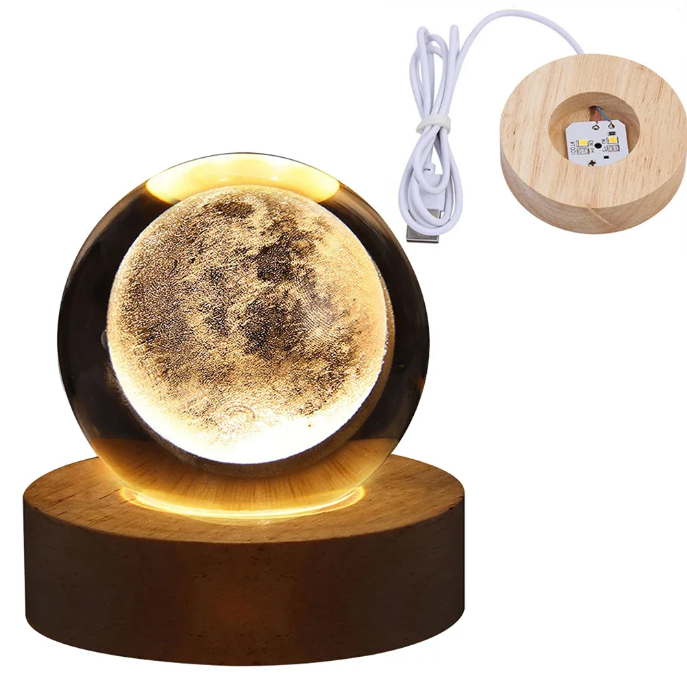 Crystal Ball Night Light Crystal Ball Lamp 3D Engraved Milky Way System Crystal Ball with Wooden Base USB Charging Gift for Kids