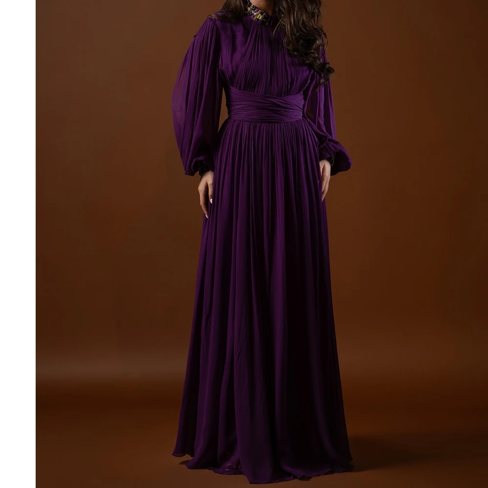 Customized Graceful Chiffon A-Line Evening Dress Temperament Floor Length Long Sleeves vestidos de fiesta Saudi Arabia 2024