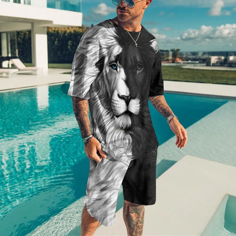 Newest Summer Men\'s Beach Shorts Set 3D Animal Lion Print Sport Short Sleeve T-shirts+Shorts 2 Pcs Set Oversized Tracksuit Suits