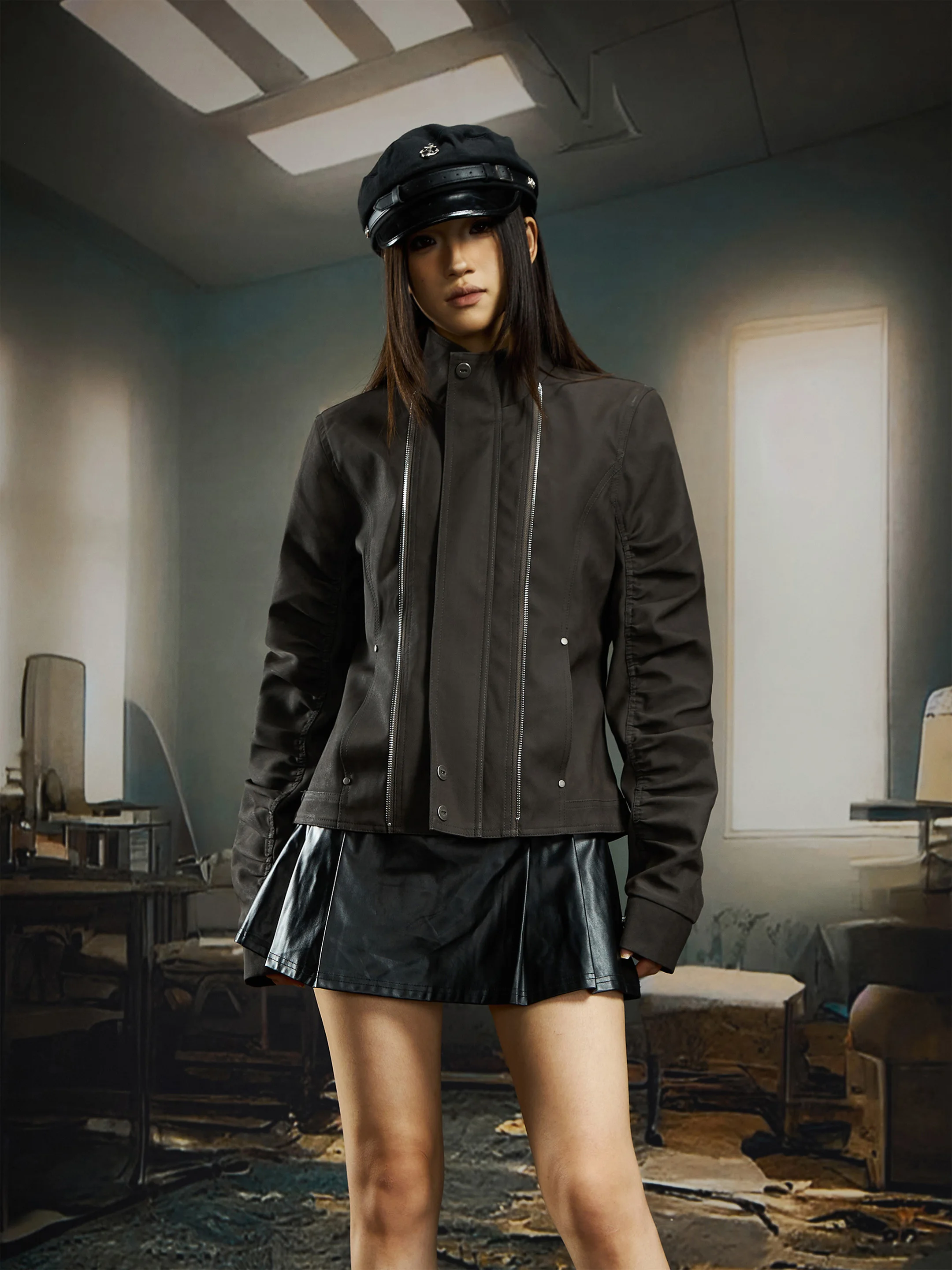 Fit Waist Pleating Sleeve Niche Stand Collar Short Double Zipper Leather Jacket Coat Spring and Autumn Women