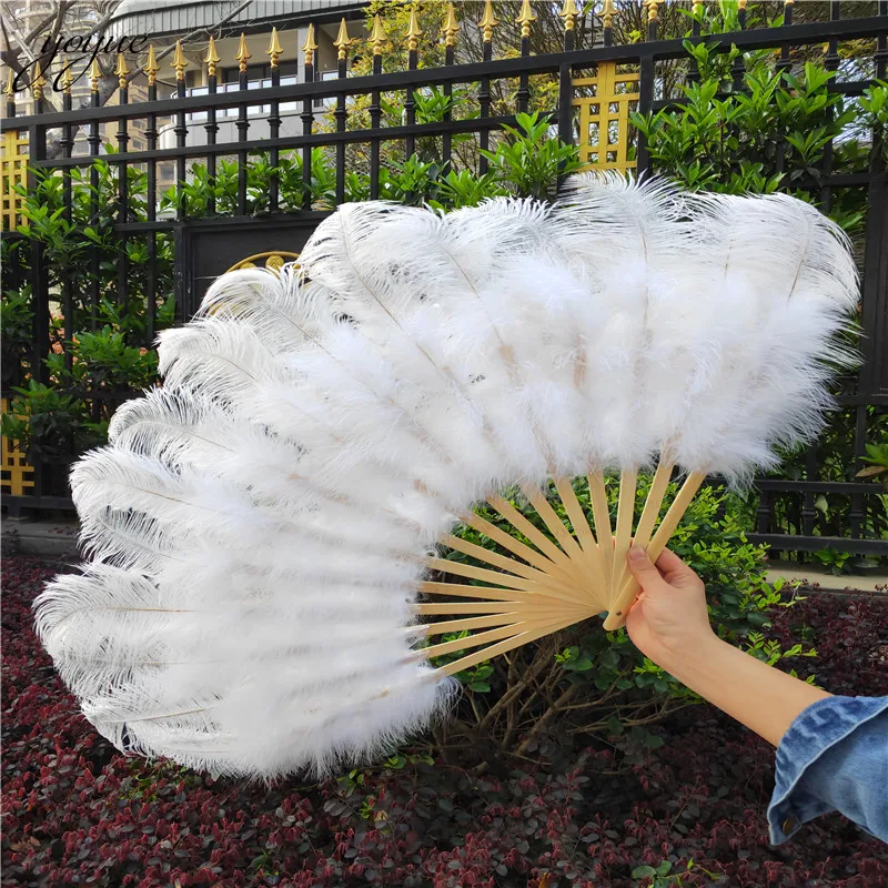 

High Quality 15 Bone White Ostrich Feathers Fan Halloween Party Wedding Celebration Belly Dance Show DIY Decorative Feathers Fan