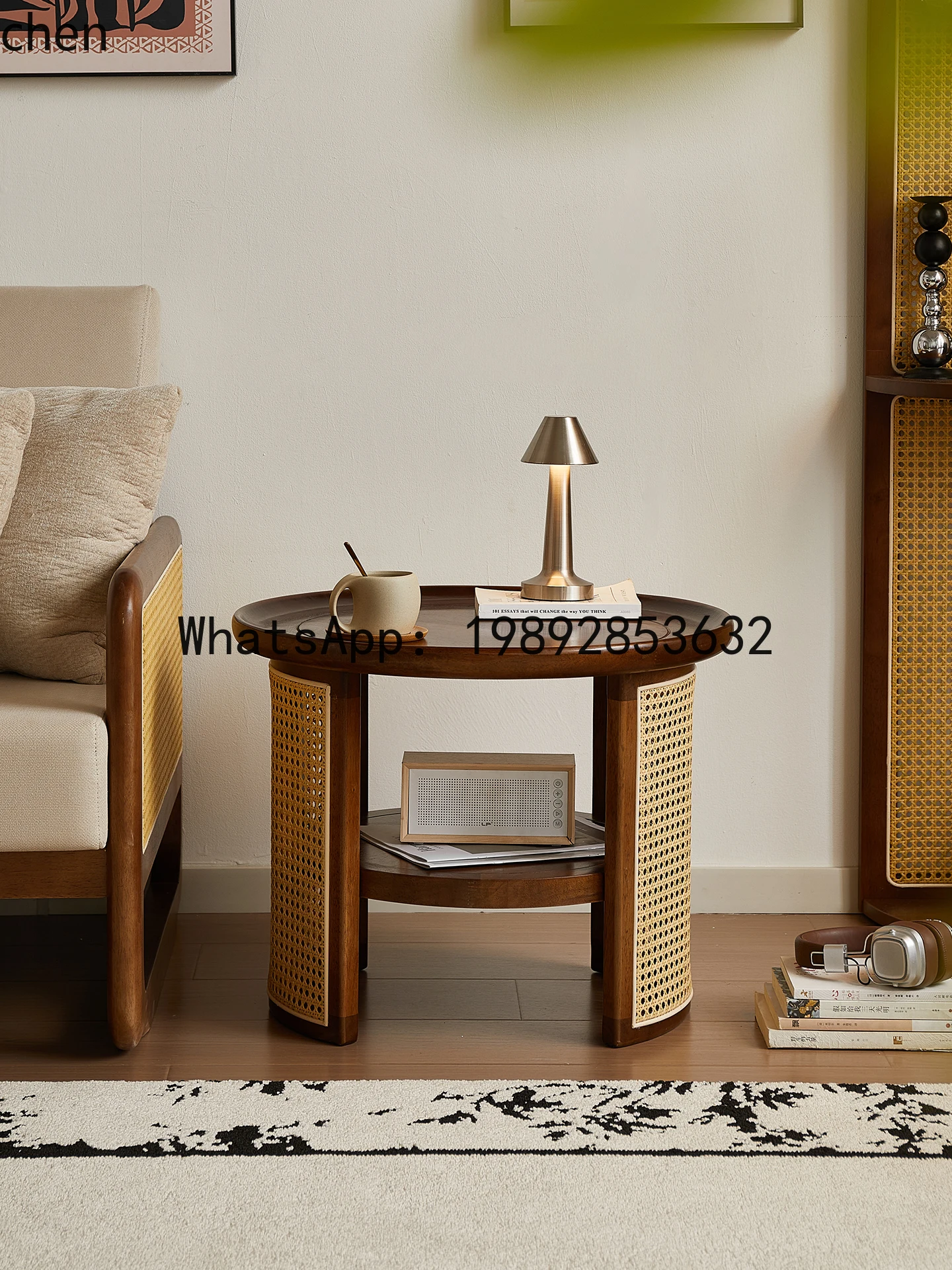

P6 retro style living room household coffee table round solid wood rattan small apartment simple tea table light luxury