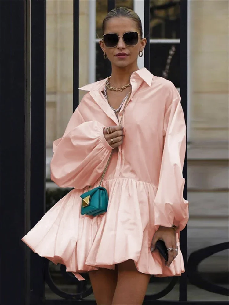 Modigirl 2024 New Fashion Pink Lapel Shirts Dress For Women Long Puff Sleeves Pleated American Retro Mini Dresses Office Lady