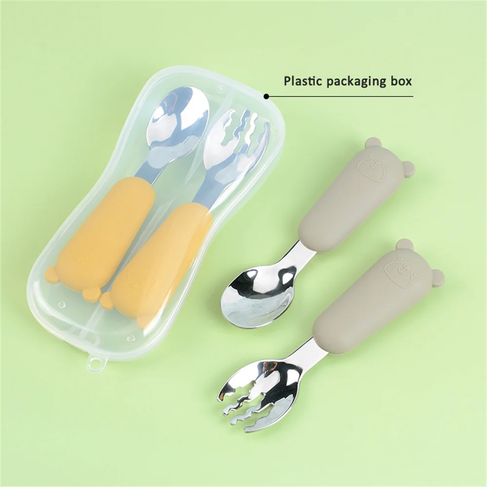 Roestvrijstalen bestek Vork Lepel Set Cartoon Siliconen Antislip Babyvoeding Voeden Servies Multifunctioneel Duurzaam Sztućce Set