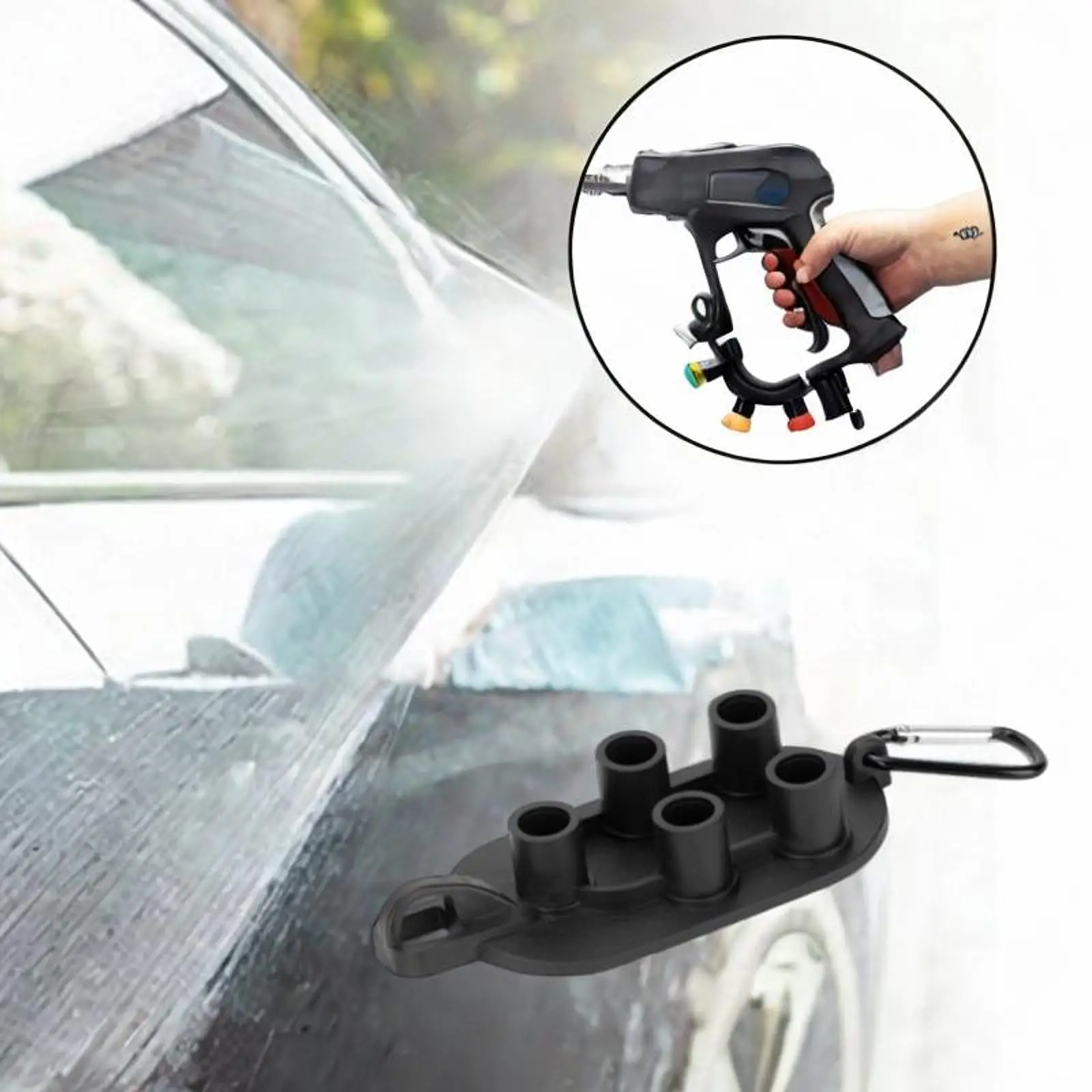 High Pressure Washer Nozzle Holder Rubber Tip Organizer Five Holes Portable Rack with Clip for Quick Connect Fittings
