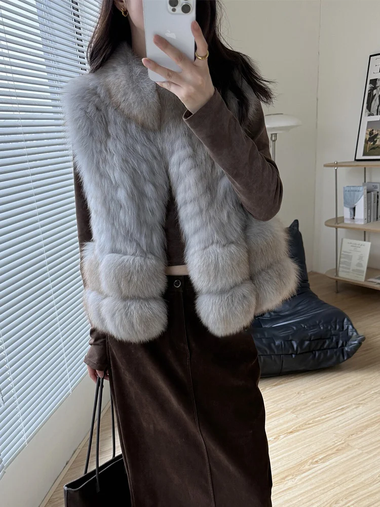 New Winter Warm Women's Coat Natural Real Fox Fur Vest Thick Fur Strip Sewed Toghter Waistcoat Luxury Female Jacket Streetwear