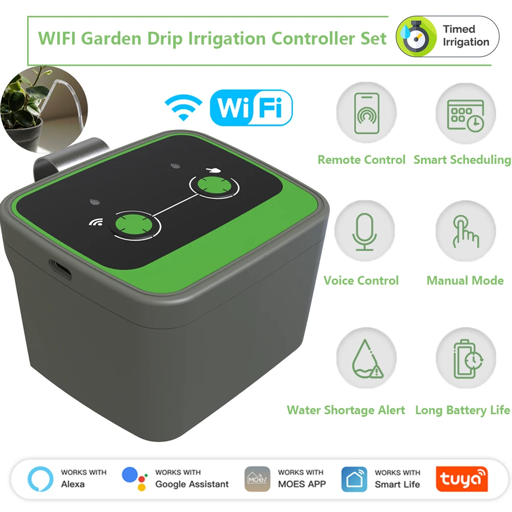 Tuay WIFI Garden Drip Irrigation Controller Set App Timed Automatic Watering Hangable Voice Control Home Plant Watering System