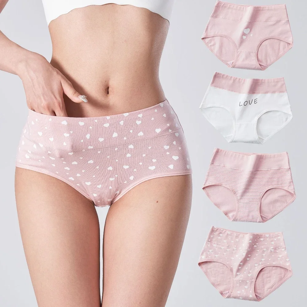 Plus Size Cotton Panties Women High-waisted Printing Underwear Female Pink Underpants Non-marking Cute Girls' Briefs Lingerie