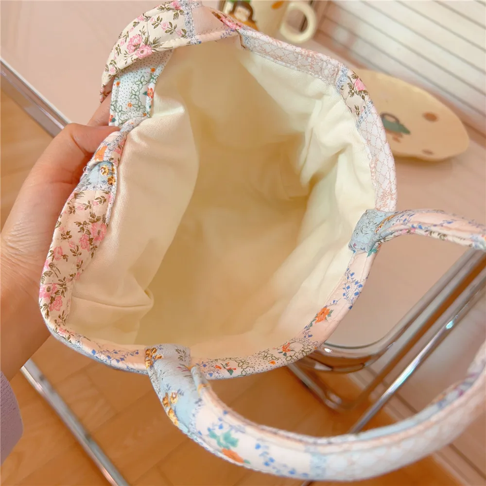 Tas jinjing wanita katun kecil tas tangan makan siang tangan Motif bunga lucu tas tangan Siswa Mini Korea tas belanja perjalanan piknik