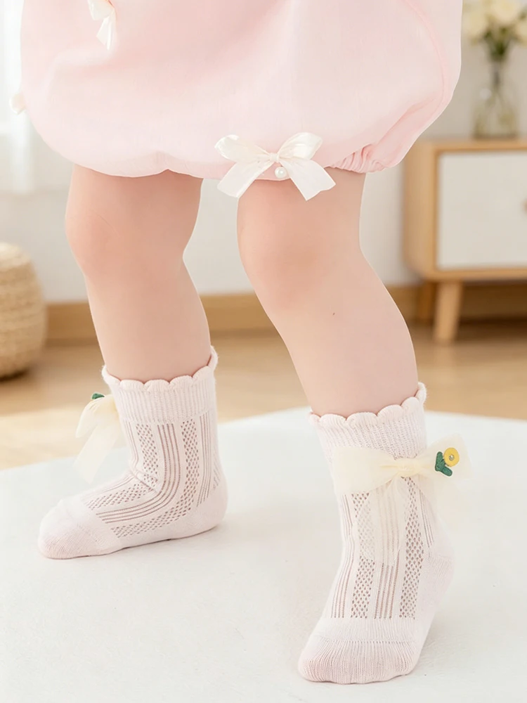 3 Paar Baby-Socken für Mädchen, Sommer-Mesh-Socken, atmungsaktiv, für Kleinkinder, Prinzessinnen-Socken, mittellange Socken für Neugeborene, niedliche süße Spitzen-Socken mit Schleife für Kleinkinder – Detail 3