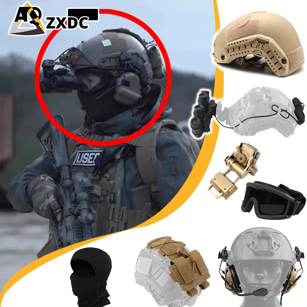 Airsoft helmet and four eyes set, with Communication headset connected to walkie-talkie, Tactical goggles, L4G24 and GPNVG model