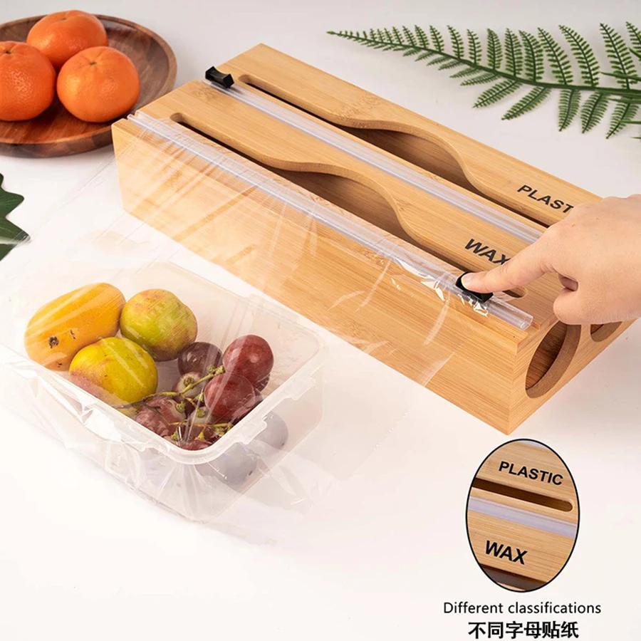 CANBOUNBamboo Compartment Cling Film Tin Foil Cutter Box With Kitchen Paper Wall Mounted Paper Towel Kitchen Organizer Accessori