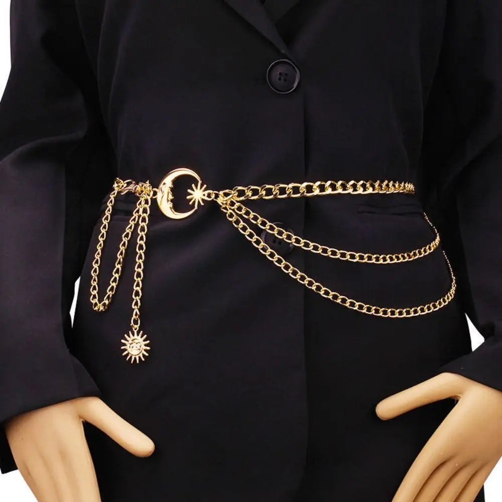 Gold Silver Punk Waist Chain Ladies Vintage Metal Sun Moon Star Waistbands Hip Hop Womans Chain Belt
